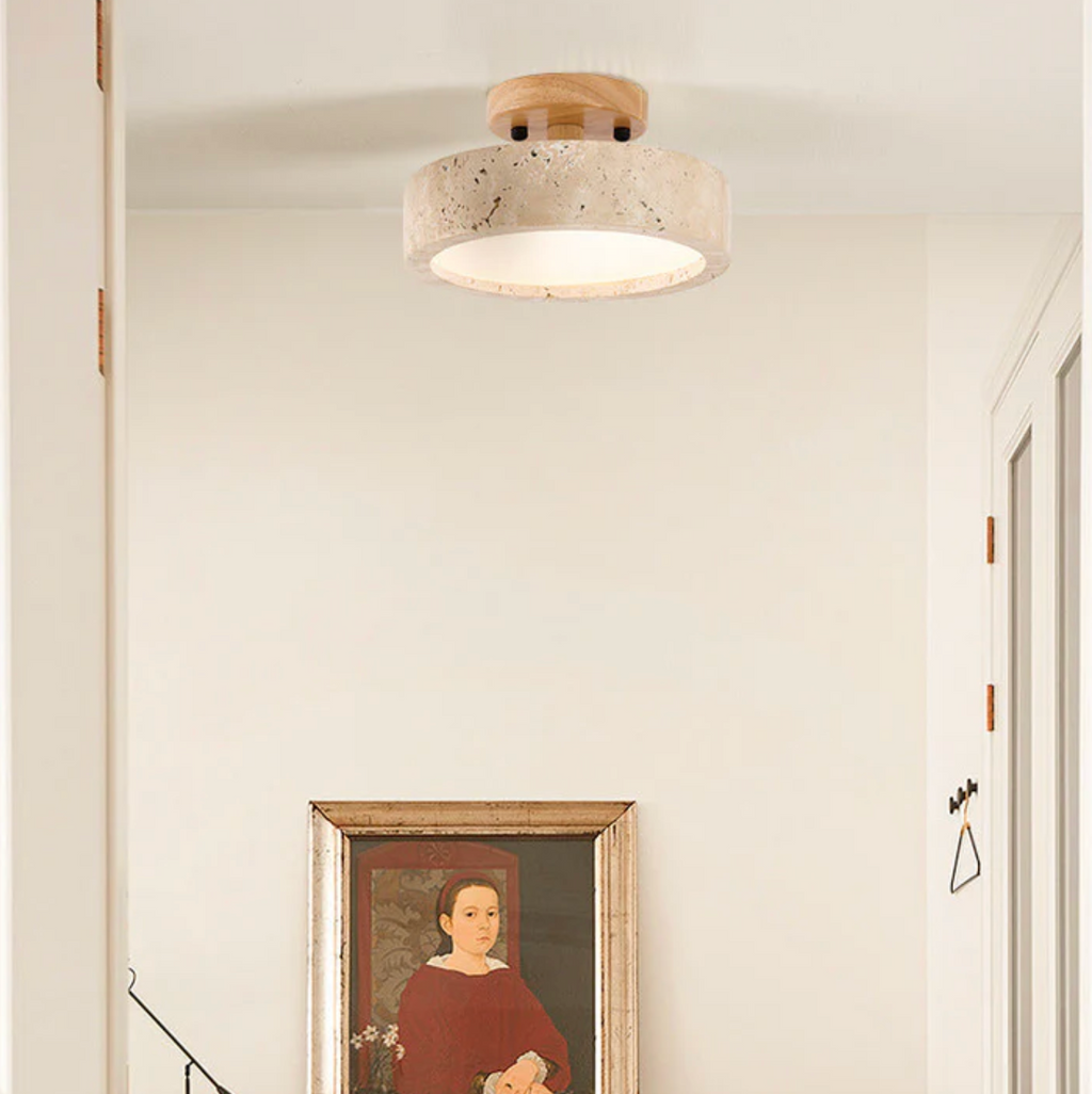 Ceiling lamp made of stone and wood in a minimalist style
