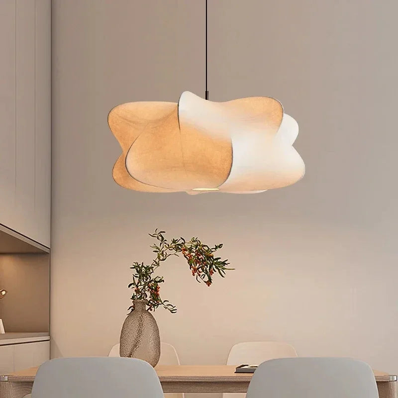 Ceiling lamp with silk shade in Japanese wabi-sabi style