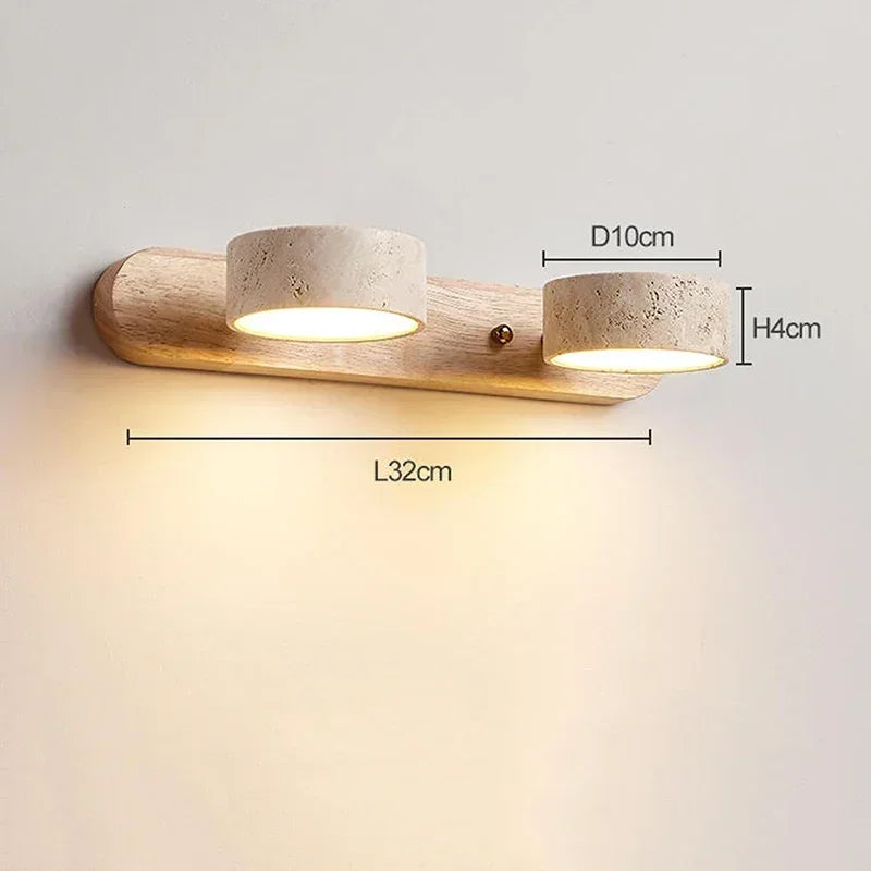 Modern LED wall lamp with rotating shades made of stone and a wooden base