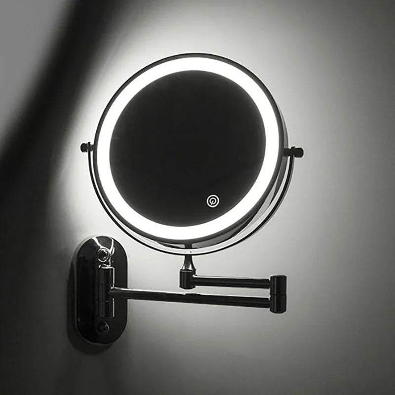 Wall-mounted cosmetic mirror with LED lighting and magnification