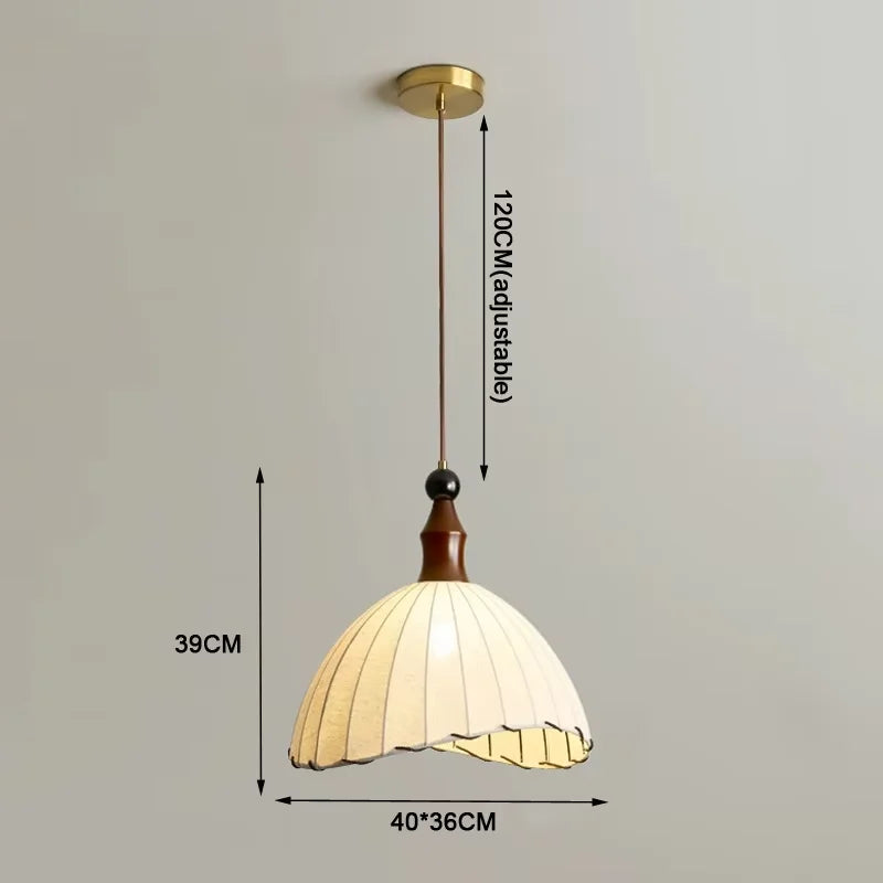 Retro Hanging Lamp with Silk Shade and Wooden Finish