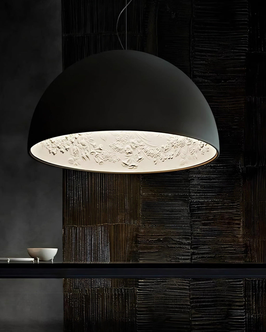 Elegant Black Dome Suspension with Embossed Plaster Interior
