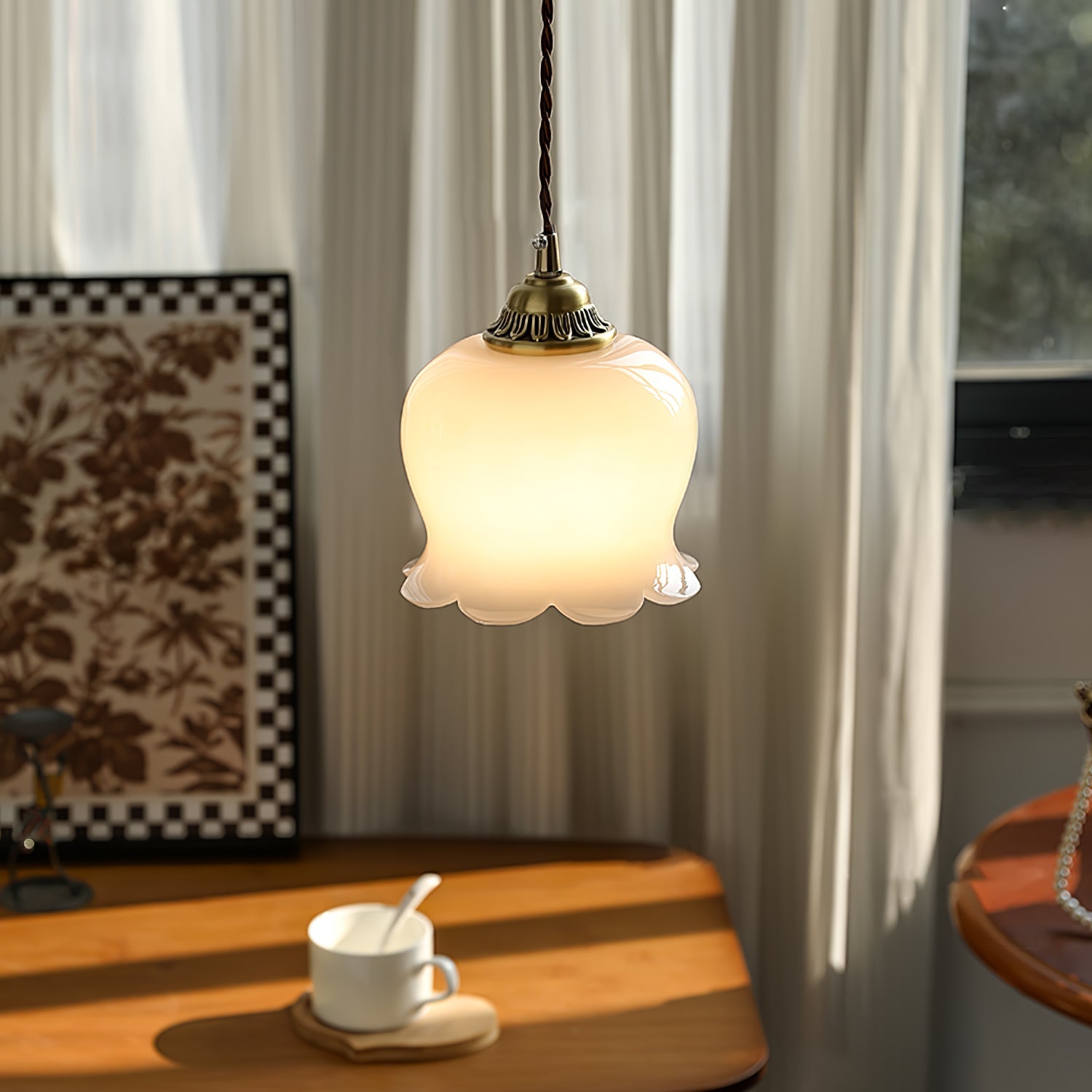 Vintage Brass Petal Glass Pendant Light 1-Light