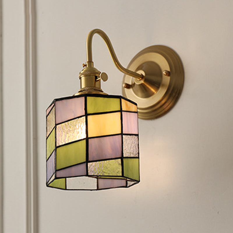 Vintage Tiffany Glass Brass Wall Sconce Lamp 1-Light