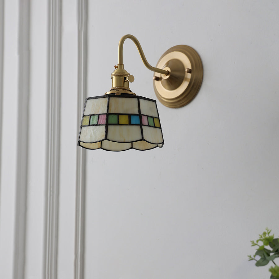 Vintage Tiffany Glass Brass Wall Sconce Lamp 1-Light