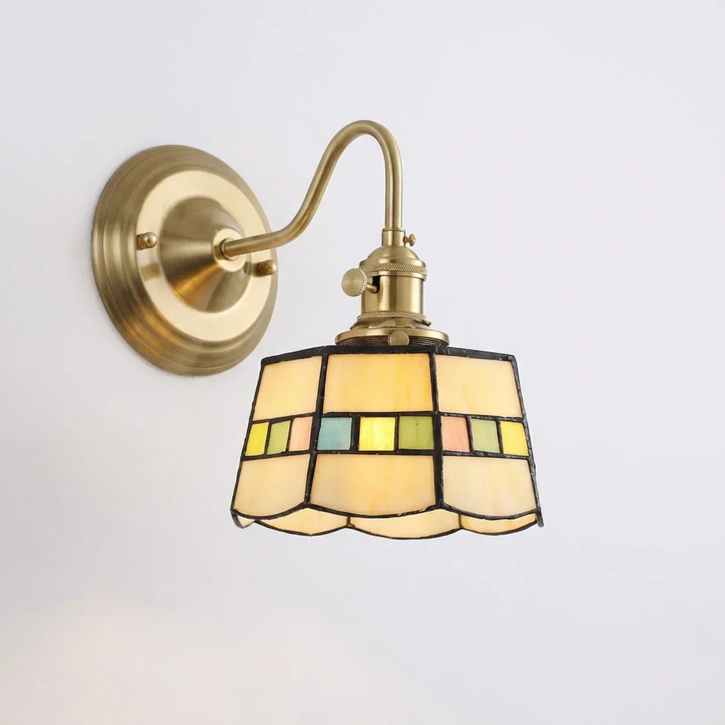 Vintage Tiffany Glass Brass Wall Sconce Lamp 1-Light