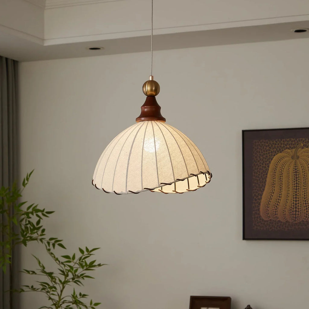 Retro Hanging Lamp with Silk Shade and Wooden Finish