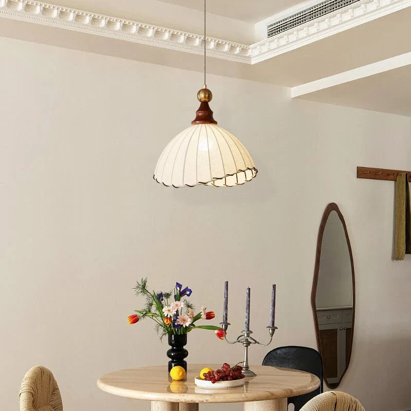 Retro Hanging Lamp with Silk Shade and Wooden Finish