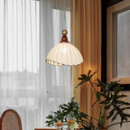 Retro Hanging Lamp with Silk Shade and Wooden Finish