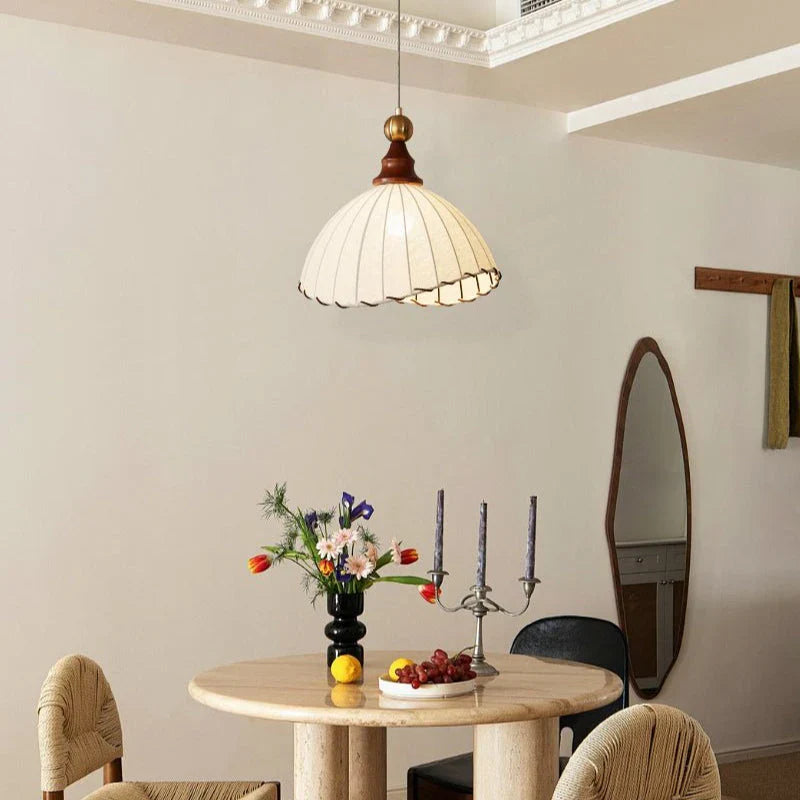 Retro Hanging Lamp with Silk Shade and Wooden Finish