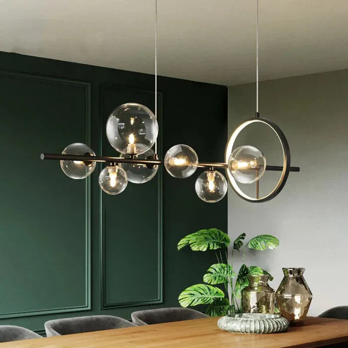 Modern Linear Chandelier – Glass Spheres and Light Ring on Black Frame