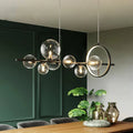 Modern Linear Chandelier – Glass Spheres and Light Ring on Black Frame