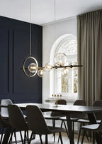 Modern Linear Chandelier – Glass Spheres and Light Ring on Black Frame
