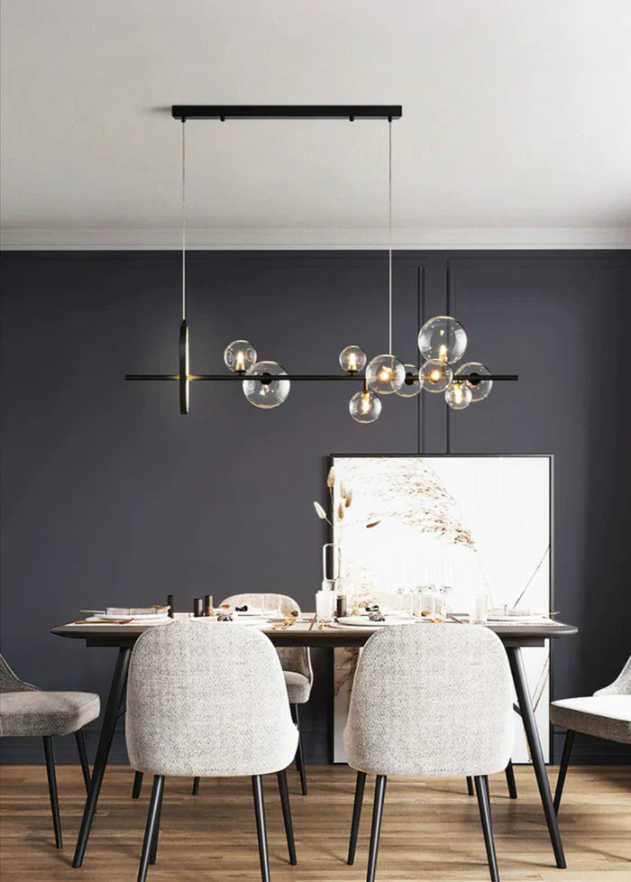 Modern Linear Chandelier – Glass Spheres and Light Ring on Black Frame