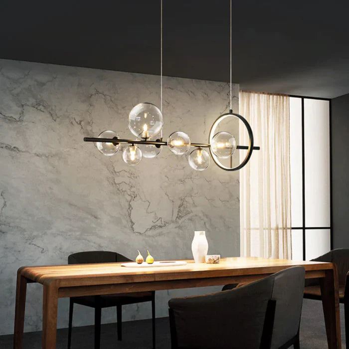 Modern Linear Chandelier – Glass Spheres and Light Ring on Black Frame