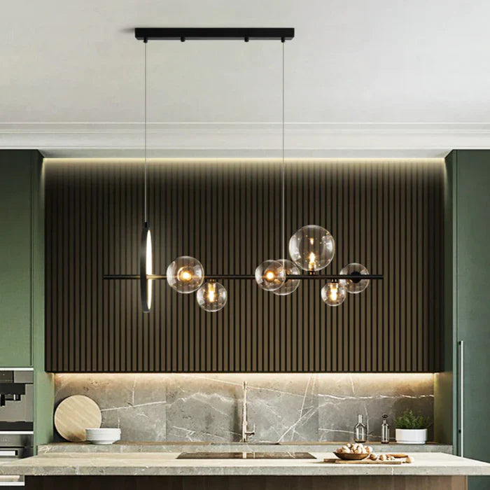 Modern Linear Chandelier – Glass Spheres and Light Ring on Black Frame