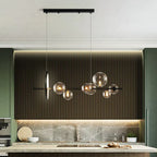 Modern Linear Chandelier – Glass Spheres and Light Ring on Black Frame