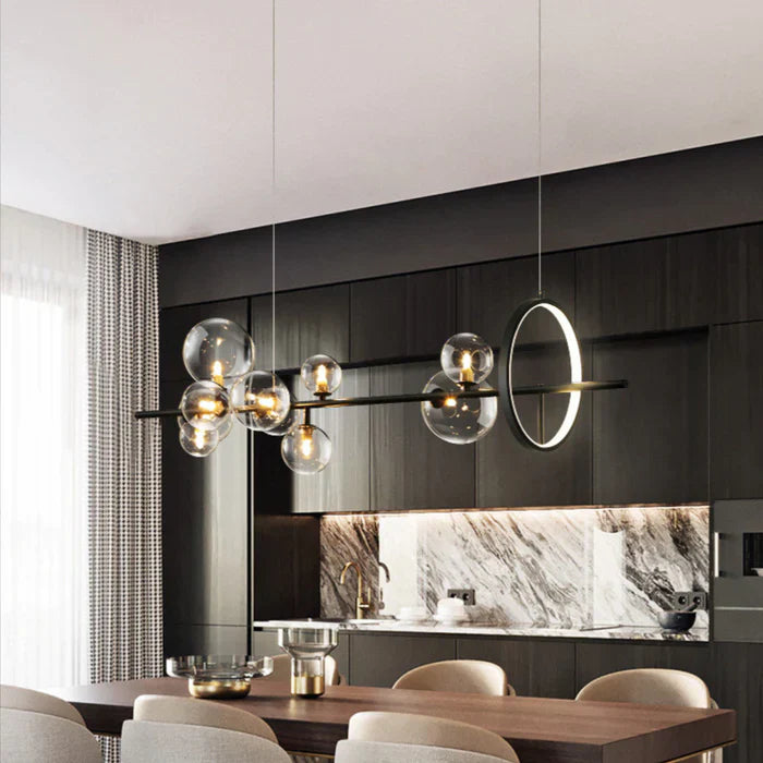 Modern Linear Chandelier – Glass Spheres and Light Ring on Black Frame