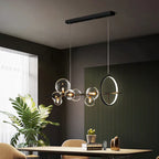 Modern Linear Chandelier – Glass Spheres and Light Ring on Black Frame