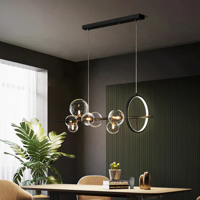 Modern Linear Chandelier – Glass Spheres and Light Ring on Black Frame