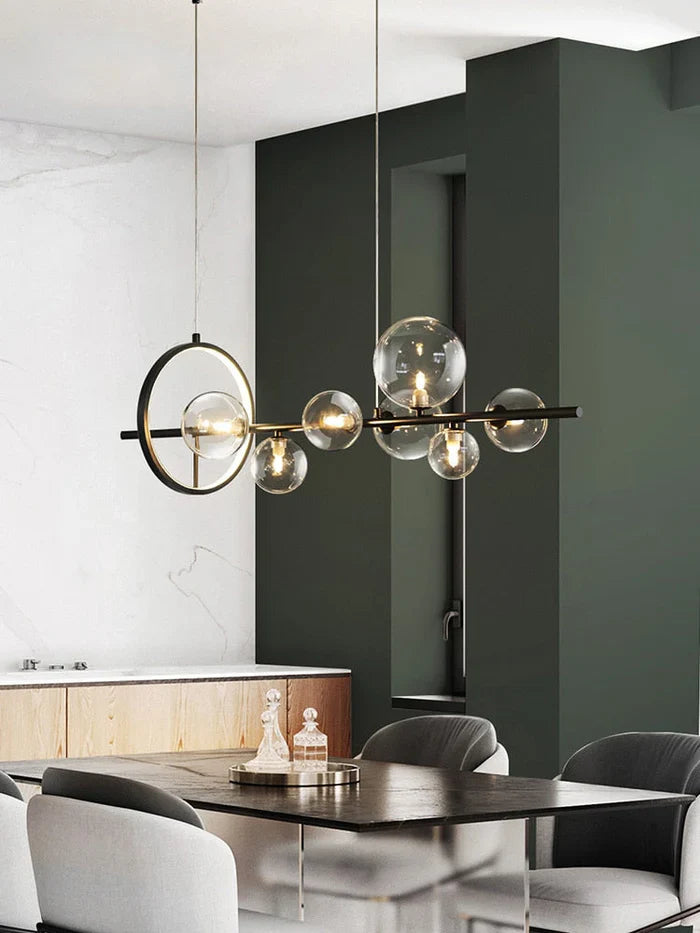 Modern Linear Chandelier – Glass Spheres and Light Ring on Black Frame