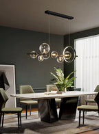 Modern Linear Chandelier – Glass Spheres and Light Ring on Black Frame