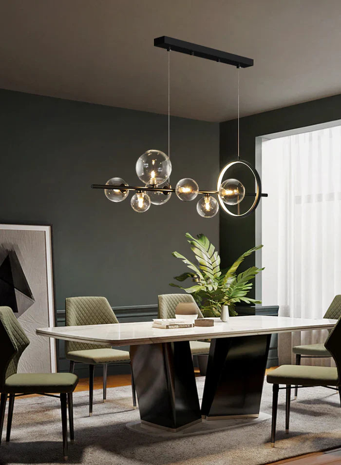 Modern Linear Chandelier – Glass Spheres and Light Ring on Black Frame