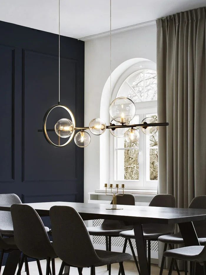 Modern Linear Chandelier – Glass Spheres and Light Ring on Black Frame