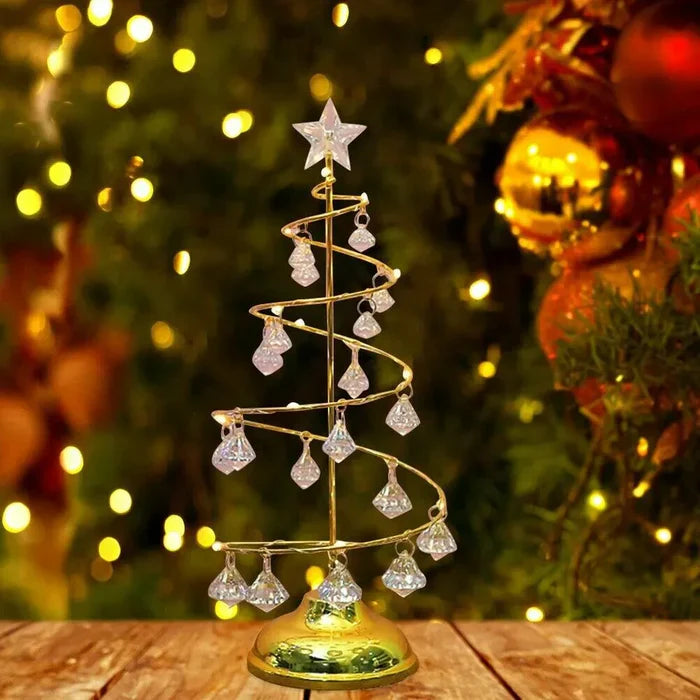Decorative LED Christmas Tree on a Gold Base – Holiday Ornament with Spiral Wire and Crystals
