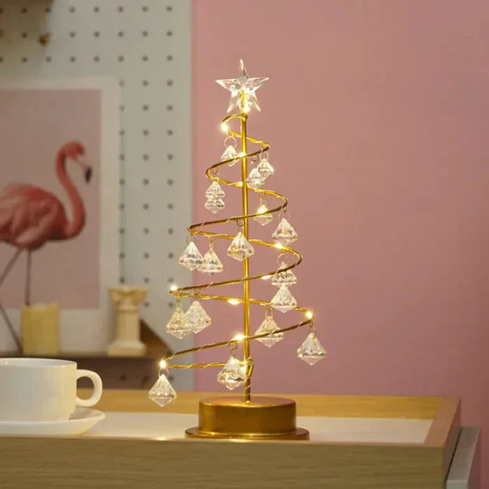 Decorative LED Christmas Tree on a Gold Base – Holiday Ornament with Spiral Wire and Crystals
