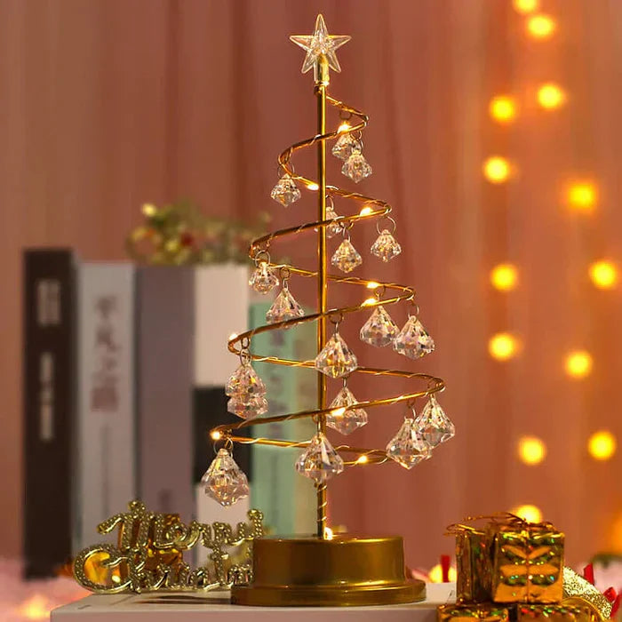 Decorative LED Christmas Tree on a Gold Base – Holiday Ornament with Spiral Wire and Crystals