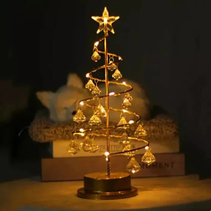 Decorative LED Christmas Tree on a Gold Base – Holiday Ornament with Spiral Wire and Crystals