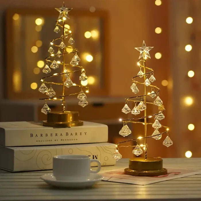 Decorative LED Christmas Tree on a Gold Base – Holiday Ornament with Spiral Wire and Crystals