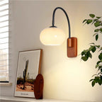 Modern Wall Sconce with Glass Shade and Wooden Base – Bedroom, Living Room, Reading Nook