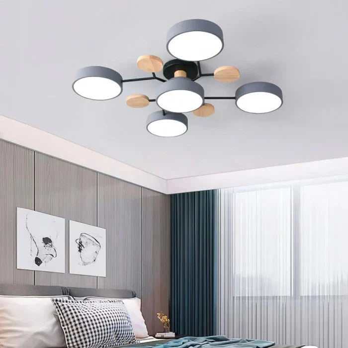 Modern LED Multi-Arm Ceiling Lamp – Minimalist Design with Wooden Accents