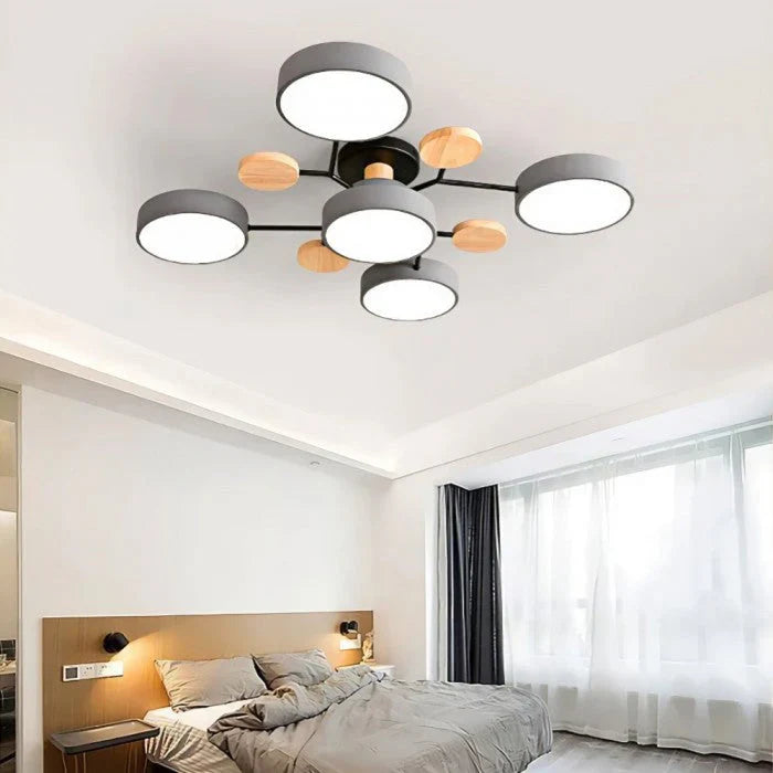 Modern LED Multi-Arm Ceiling Lamp – Minimalist Design with Wooden Accents