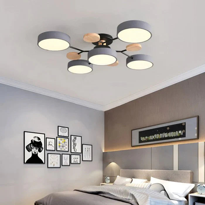 Modern LED Multi-Arm Ceiling Lamp – Minimalist Design with Wooden Accents