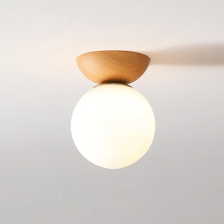 Modern ceiling lamp in Japanese style with a wooden base – minimalist sphere
