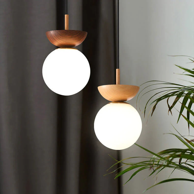 Modern ceiling lamp in Japanese style with a wooden base – minimalist sphere