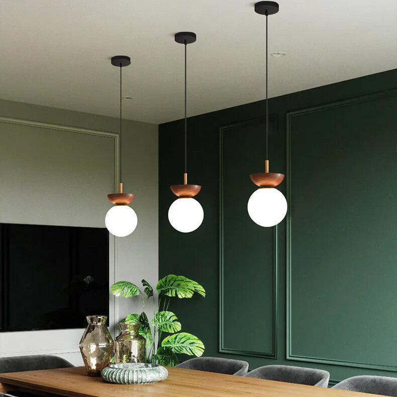 Modern ceiling lamp in Japanese style with a wooden base – minimalist sphere