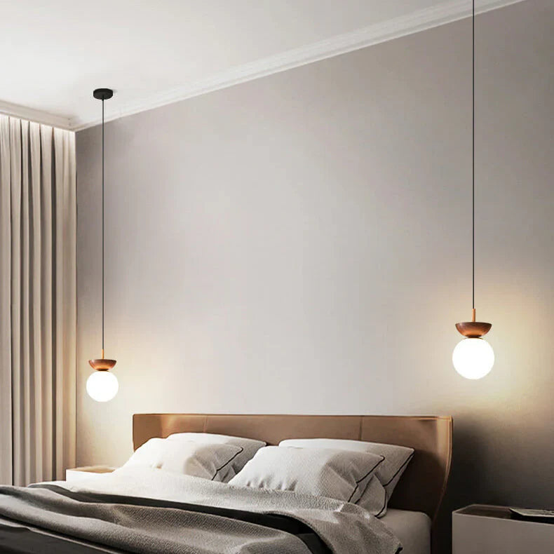 Modern ceiling lamp in Japanese style with a wooden base – minimalist sphere