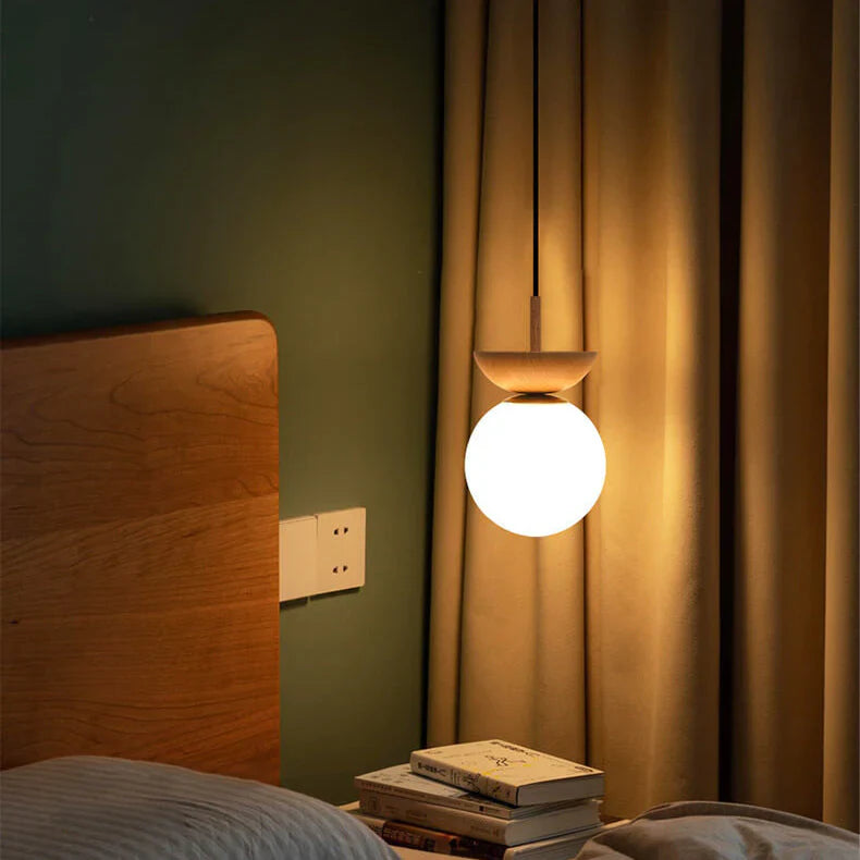 Modern ceiling lamp in Japanese style with a wooden base – minimalist sphere