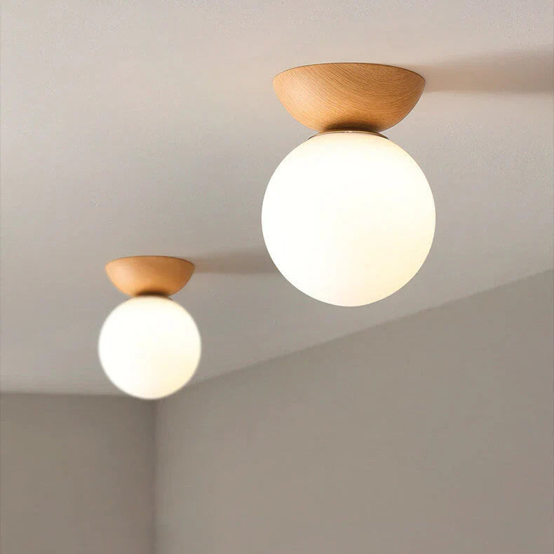 Modern ceiling lamp in Japanese style with a wooden base – minimalist sphere