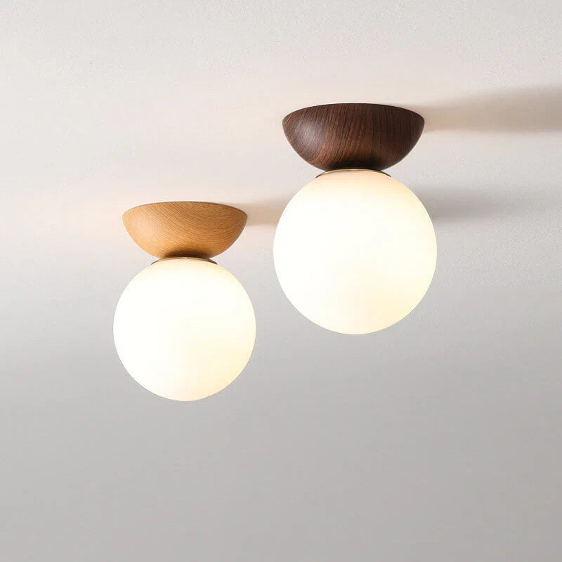 Modern ceiling lamp in Japanese style with a wooden base – minimalist sphere