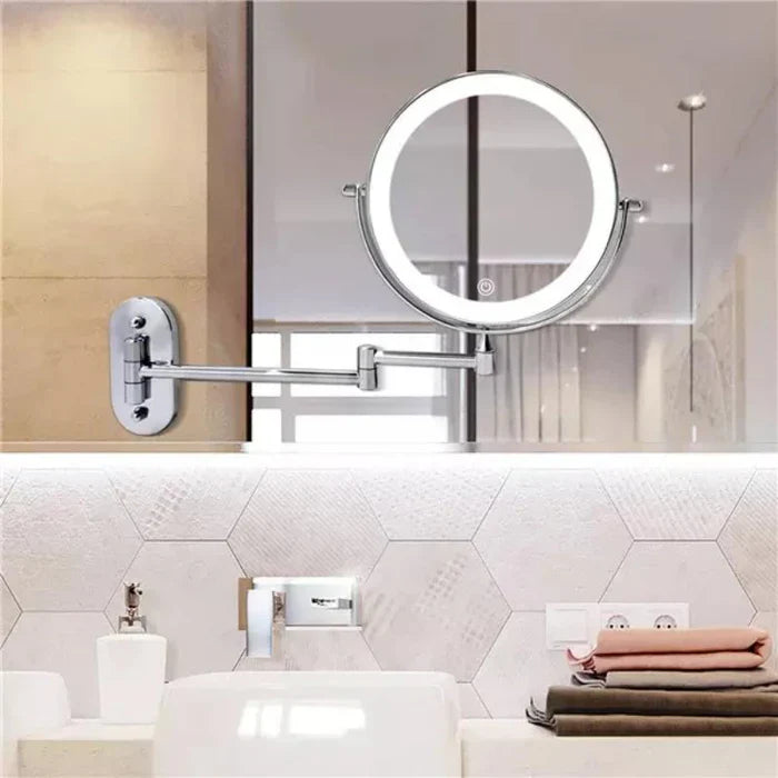 Wall-mounted cosmetic mirror with LED lighting and magnification