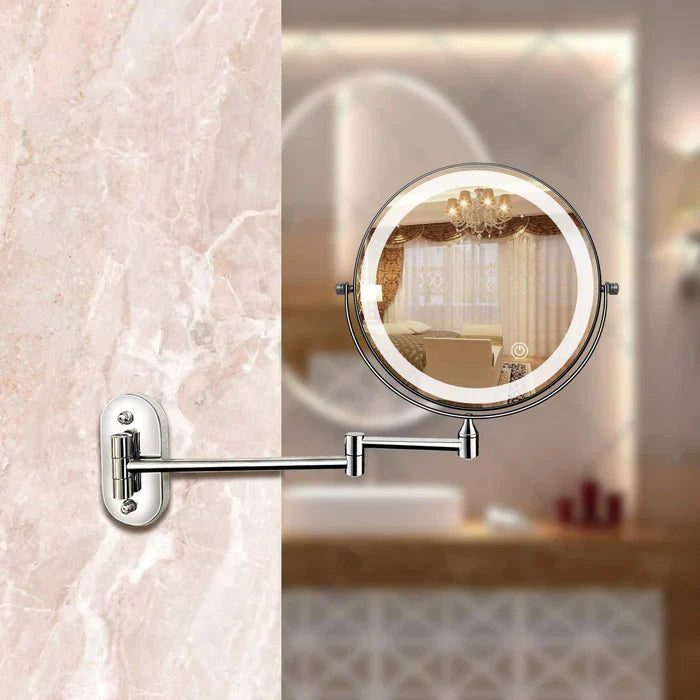 Wall-mounted cosmetic mirror with LED lighting and magnification