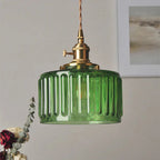 Vintage pendant lamp with ribbed glass shade and gold finish