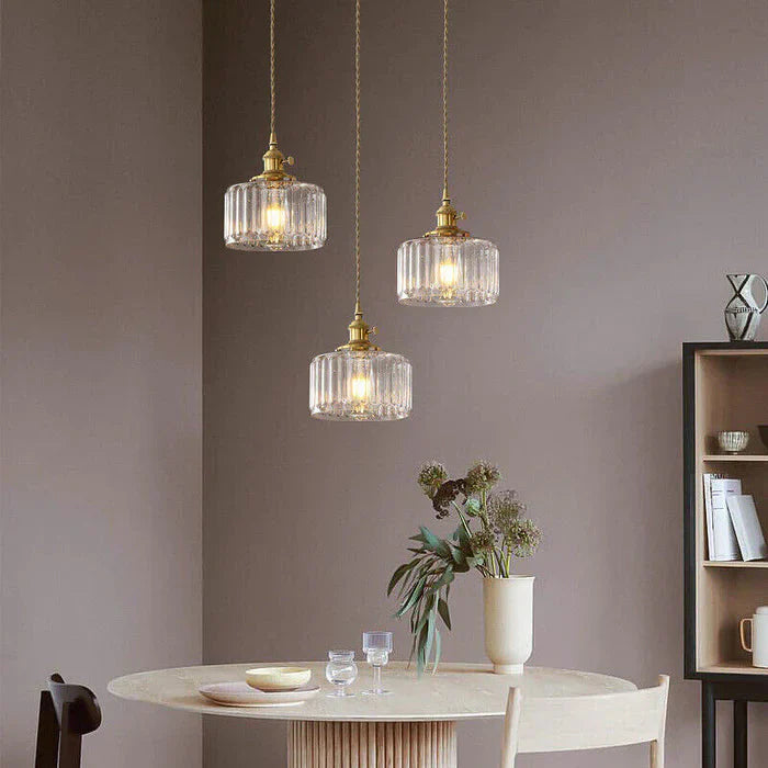 Vintage pendant lamp with ribbed glass shade and gold finish