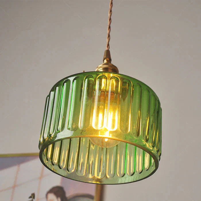 Vintage pendant lamp with ribbed glass shade and gold finish