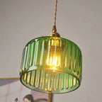 Vintage pendant lamp with ribbed glass shade and gold finish